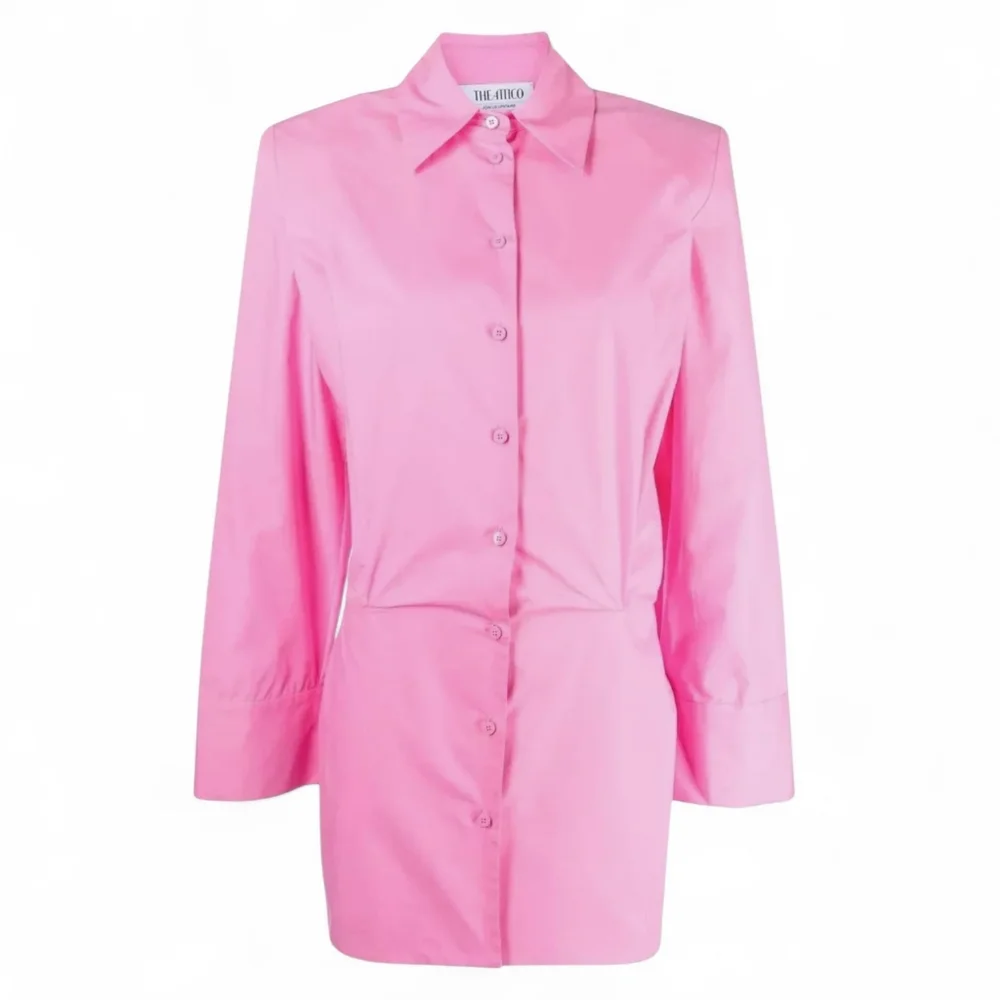 THE ATTICO Italy Margot Neon Pink Mini Shirt Dress Pleat Long Sleeves Cotton 42 - Picture 8 of 12
